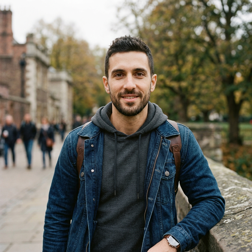 Smiling man in denim jacket and backpack on an autumn city walkway